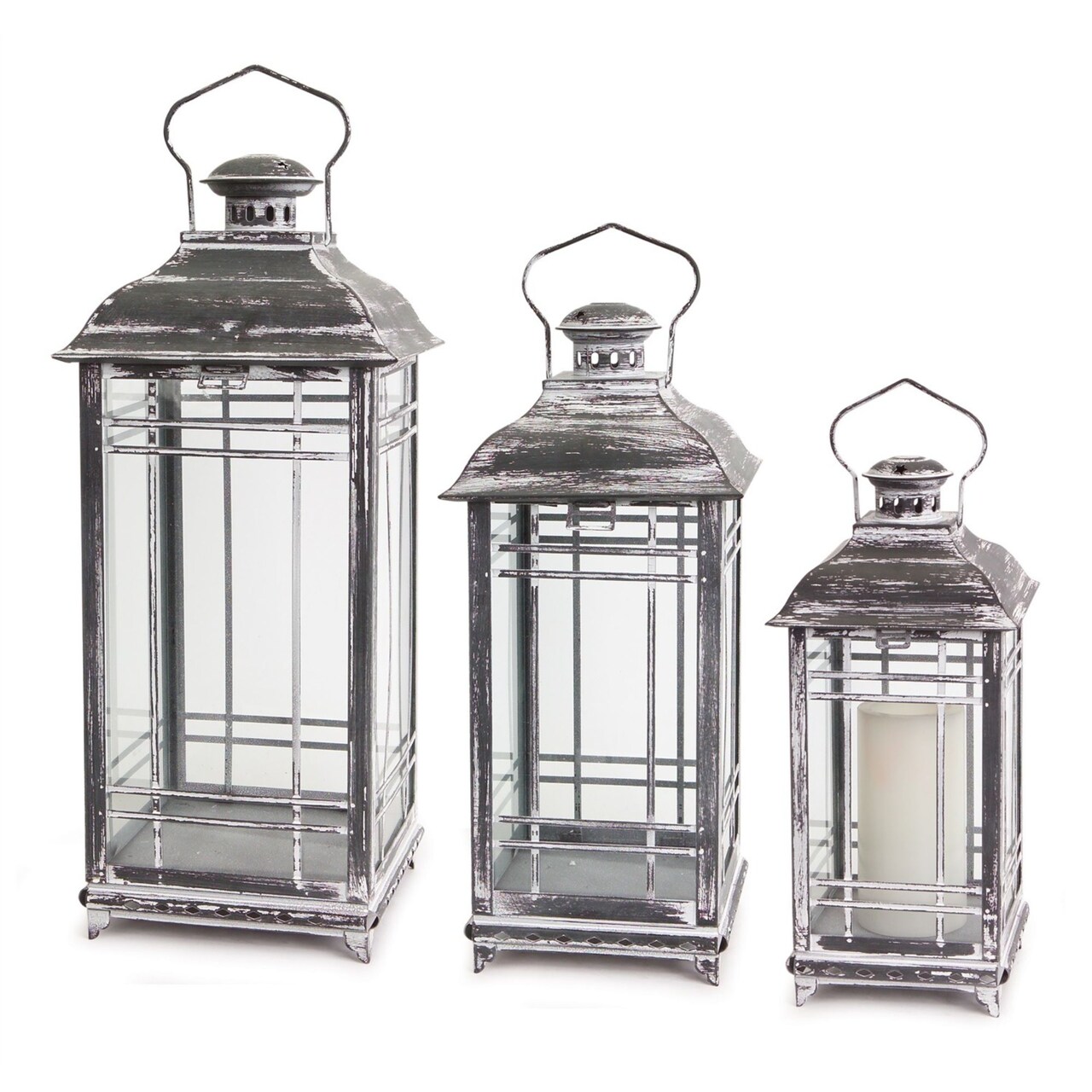 Melrose Distressed Style Pillar Candle Lanterns - 20" - Gray and White - Set of 3